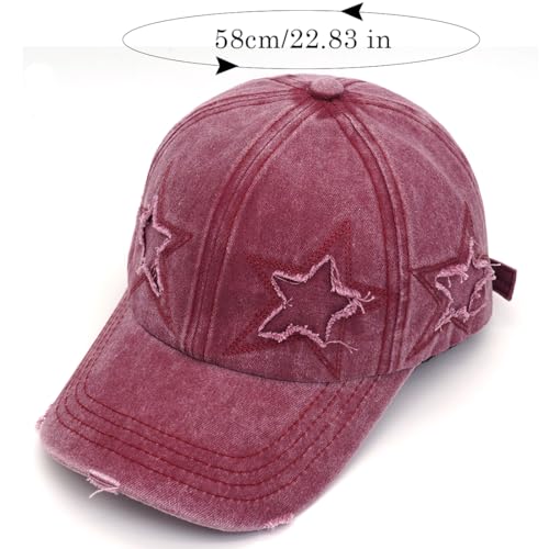 Retro Washed Distressed Baseball Cap with Five Pointed Stars for Women Men - color: Wine Red