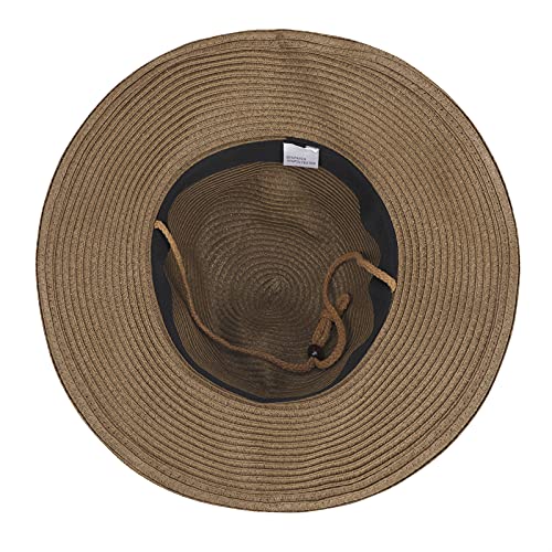 Men's Floppy Packable Straw Hat Beach Cap Newsboy Fedora Sun Hat, Big Brim, Adjustable Chin Strap - color: Coffee