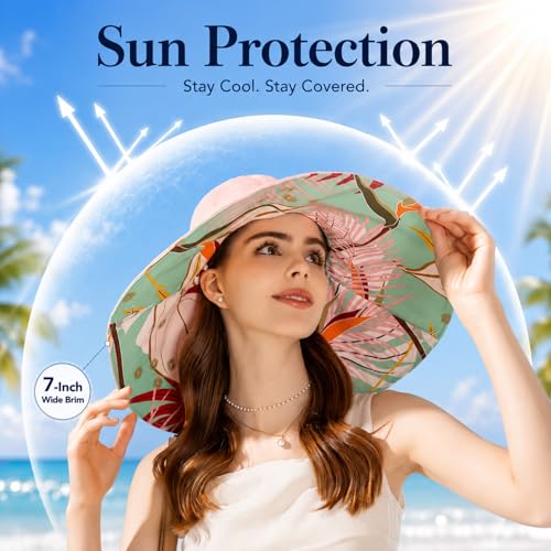 HUAMULAN Wide Brim Women Summer Sun Floppy Hat Reversible Beach Bucket Hat - color: Bg8240-pink