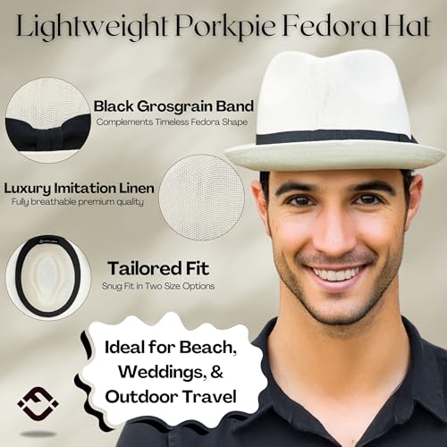 Funky Junque Men's Panama Porkpie Fedora, Linen Summer Beach Hat - color: Ivory, size: Small-Medium