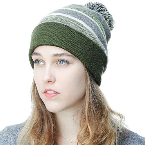 Winter Knit Beanie Hat with Pom Pom – Warm Cuffed Slouch Ski Cap for Men & Women - color: 1.olive and Grey With Pom