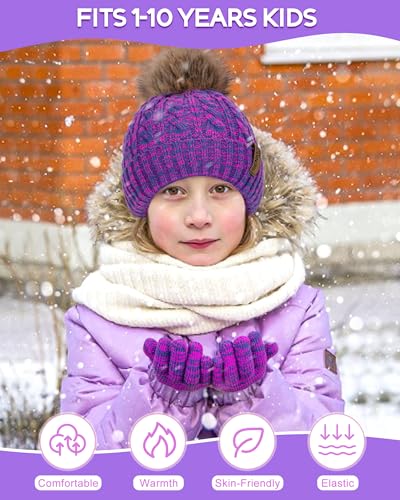 Kids Winter Hat Gloves Scarf Set, Boys and Girls Beanie Hat - color: Pink Purple