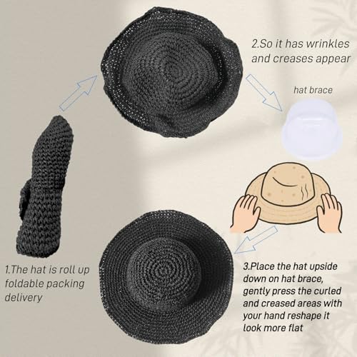 Floppy Big Beach Straw Hats for Women Foldable Summer Wide Brim Packable Sun Hat Womens Travel Straw Fedora Hat - color: Black-4
