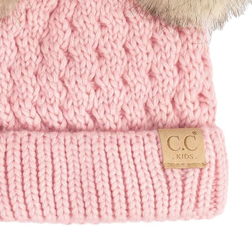 C.C Kids' Cable Knit Double Pom Beanie for Kids - Comfortable Soft Warm Children Skully Hat with Pom - color: Natural Faux Fur Pom Pale Pink