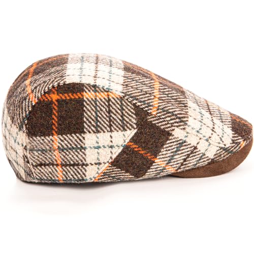 Men Wool Blend Flat-Top Tweed Newsboy Hat/Ivy Cap/Adjustable Plaid Driver's Hat - color: Coffee