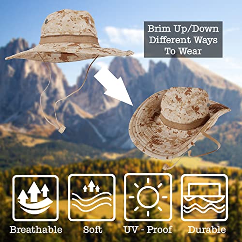 BaHoki Essentials Military Style Bucket Hat - Camo Outdoor Hat with Adjustable Strap - Wide Brim Safari Hat - style: Digital Desert
