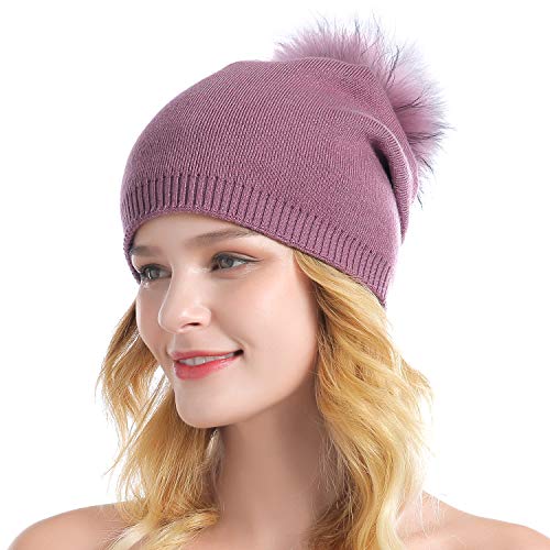 Women Knit Wool Beanie - Winter Fashion Solid Wool Hats Real Removable Raccoon Fur Pom Pom Warm Ski Beanie - color: 09- Cameo