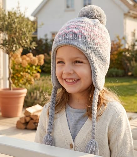 Moon Kitty Girls Knit Hats Winter Fleece Lining Skiing Winter Caps with Warm Ear Flap - color: Gray+pink, size: 3-5T