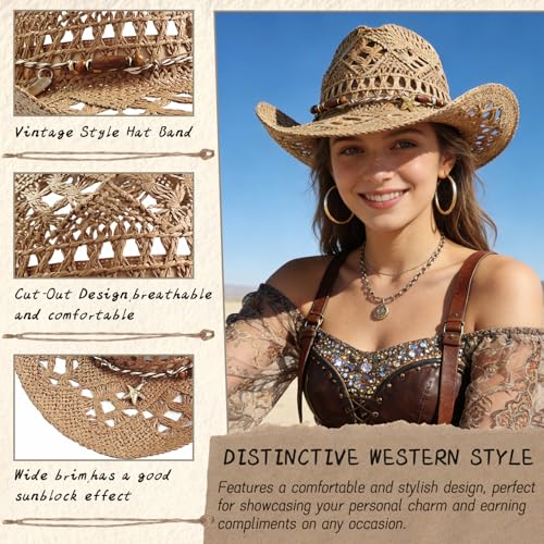 Straw Cowboy Hat for Women, Cowgirl Hat Wide Brim Western Cowboy Hat - color: Style4