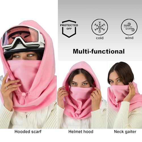 Fleece Balaclava Over Helmet - Warm Helmet Ninja Hood - Snowboard Hooded Hat Neck Gaiter Ski Mask - color: Pink, size: One Size