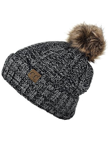 C.C Thick Cable Knit Faux Fuzzy Fur Pom Fleece Lined Skull Cap Cuff Beanie - color: Black/Gray Mix