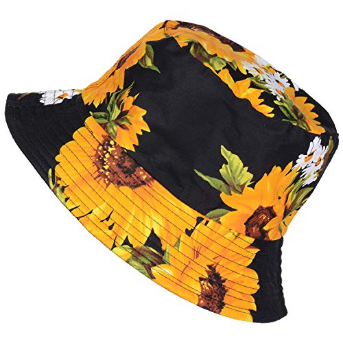 BYOS Unisex Trendy Reversible Lightweight Printed Bucket Hat Packable Outdoor - color: Hearty Sunflower Black