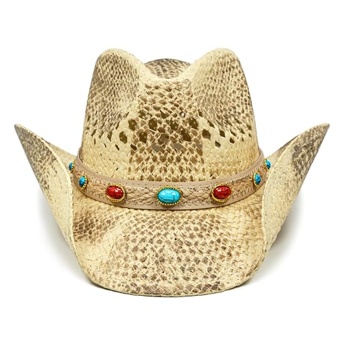 FLUFFY SENSE. Cowgirl Hats for Women Straw Cowboy Hat Western Beach Sun Hat with Shapeable Brim for Coastal Cowgirl - color: Sunkissed Blonde