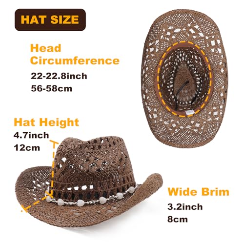 AQOKKA Straw Cowboy Hats for Women Men Western Cowgirl Hats with Shapeable Brim Woven Hollow Out Unisex Beach Roll Up Caps - color: Cowboy Hat : Coffee