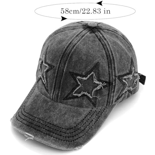 Retro Washed Distressed Baseball Cap with Five Pointed Stars for Women Men - color: Black