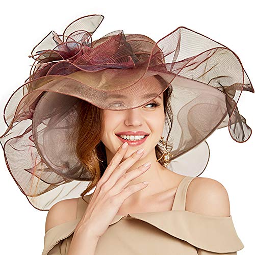 Women Oganza Sun Hat Church Wide Brim Wedding Formal Fascinator Hat - color: Reddish Brown