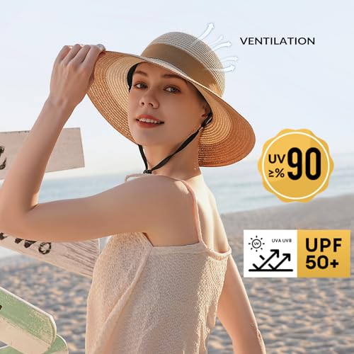 Beach Hats for Women, Sun Straw Hat for Women, UPF 50+ UV Foldable Sun Hat - color: D-khaki & Beige