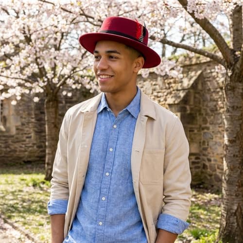 Wool Felt Fedora Hats for Women Men, Wide Brim Flat Top Hat Porkpie Hat, Jazz Hat with Feather Unisex - color: Wine Red