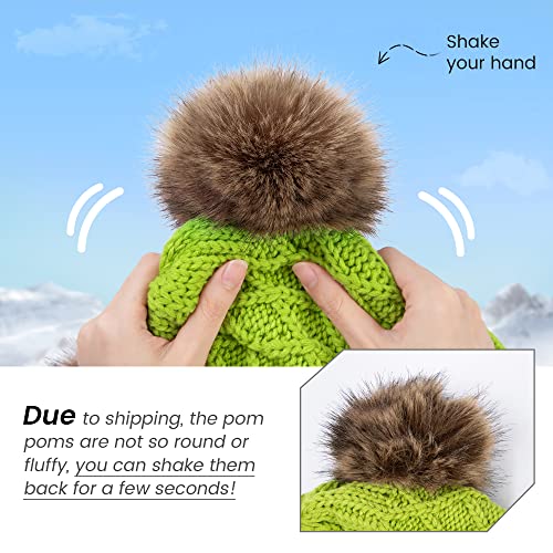Arctic Paw Womens Winter Hat Cable Knit Beanie for Women Faux Fur Pompom Ears - color: Light Green Hat Coffee Ball