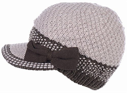 BYOS Womens Winter Chic Cable Warm Fleece Lined Crochet Knit Hat W/Visor Newsboy Cabbie Cap - color: Brown Bow