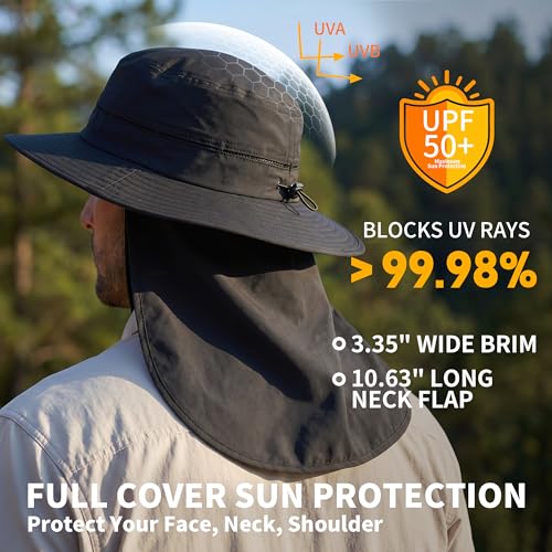 Connectyle Wide Brim Sun Hat for Men Women UPF 50+ Breathable Fishing Hat with Neck Flap Outdoor Hiking Safari Bucket Hats - color: Black