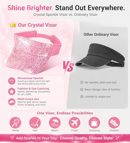 Shiny Women's Bling Rhinestone Visor Sun Protection for Tennis Golf Beach - color: Pinkabcolor