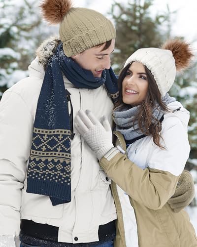 Syhood 4 Pcs Hat and Glove Set Winter Beanie and Glove Set - color: White and Beige