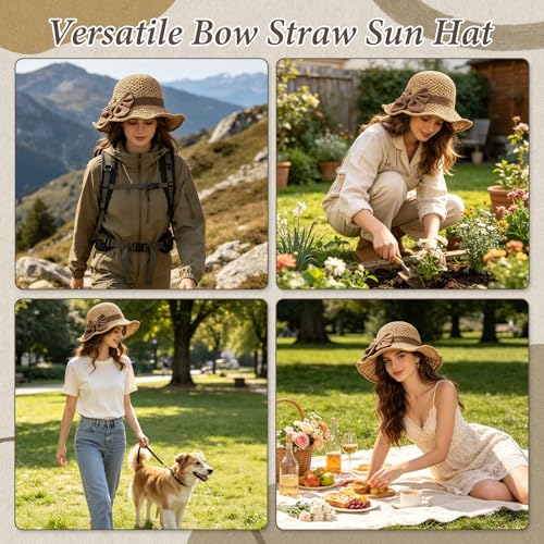 Woven Straw Sun Hat for Women with Ruffled Bow, Foldable Breathable Retro Handmade Beach Hat, Travel Bucket Hat Brown