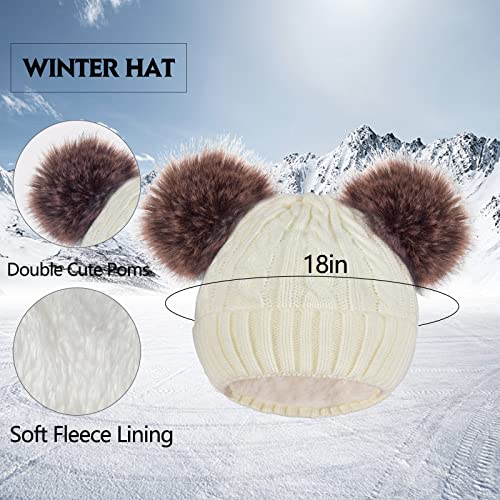 Women Knit Beanie with Pompom, Fleece Lined Neck Warmer & Touchscreen Gloves Set - Winter Thermal Accessories Christmas Gift - color: White