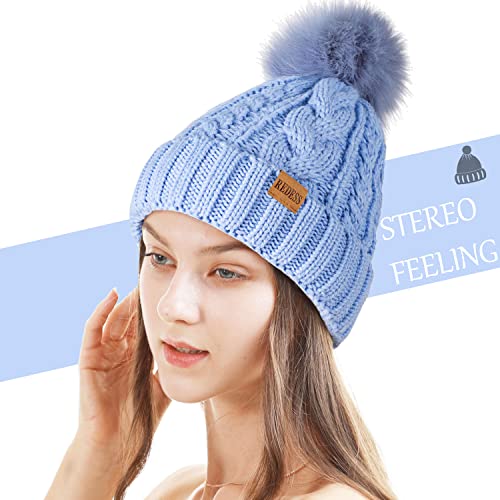 REDESS Women Winter Pompom Beanie Hat with Warm Fleece Lined Thick Slouchy Snow Knit Hat Skull Ski Cap - color: Light Blue