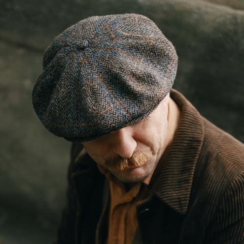 Sterkowski Peaky | 100% Harris Tweed Newsboy Cap for Men and Women | Warm Classic Elegant 8 Panels Hat - color: Brown/Blue Check, size: 7