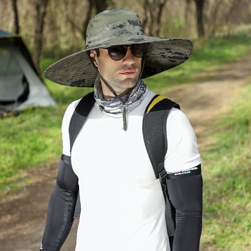 Wide Brim Sun Hat for Men Women UV Protection Bucket Fishing Hats - color: Army Green Ink Wash