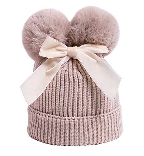 YATEEN Infant Toddler Baby Knitting Woolen Hat Winter Warm Double Pompom Beanie Cap with Bow - color: 2 Pack Beige / Pink
