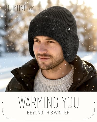 HAMUNI Winter Fleece-Lined Beanie with Earflaps, Warm Windproof Unisex Beanie Hat for Skiing, Hiking & Outdoor Winter Sports - color: Pitch Black
