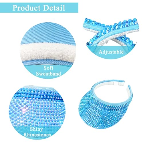 2 Pack Sparkly Rhinestone Clip on Visor Hats Women Men Sun Visors Hat Crystal Studded Shiny Sports Golf Beach Tennis Caps - color: Pink-blue