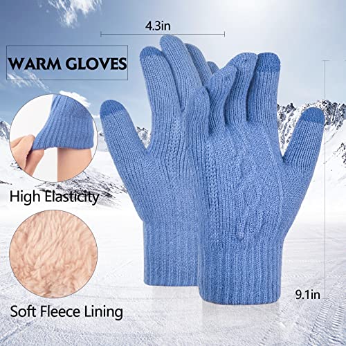 Women Knit Beanie with Pompom, Fleece Lined Neck Warmer & Touchscreen Gloves Set - Winter Thermal Accessories Christmas Gift - color: Blue