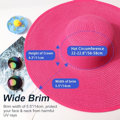 AQOKKA Sun Hats for Women Big Straw Wide Brim Summer Beach Hat Floppy Foldable Roll up Cap for Outdoor UPF 50+ - color: Wide Brim : Deep Pink