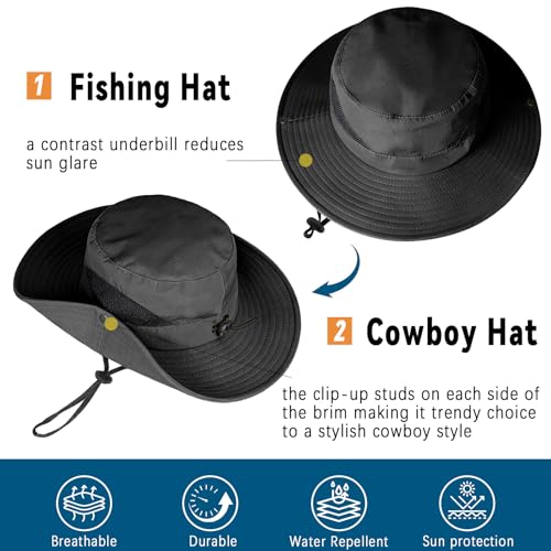 ZOORON Sun Hats for Men Women, Wide Brim Safari Hats UV Protection UPF50+ Waterproof Boonie Hats for Fishing Hiking Camping - color: 1pack-black