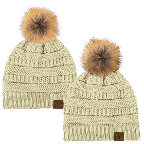 C.C Hat-43 Thick Warm Cap Hat Skully Faux Fur Pom Pom Cable Knit Beanie 2 Pack - color: Beige/Beige