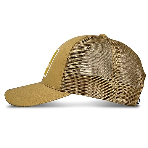 Lucky Brand Trucker Hat | Snapback | Adjustable | Mesh Back | Retro | Baseball Cap | Golf | Fishing | American Heritage - color: Embroidered Patch - Gold