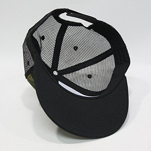 Plain Cotton Twill Flat Brim Mesh Adjustable Snapback Trucker Baseball Cap - color: Black/Camo/Black