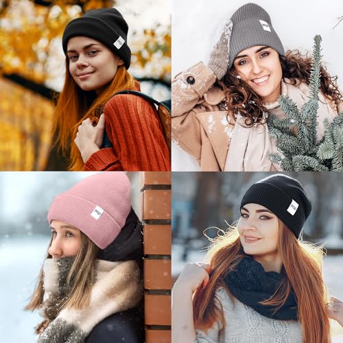 FEQO 4 Pack Satin Lined Winter Beanie Hats Soft Silk Lined Beanies - color: Black, Blush Pink, Light Grey, Beige