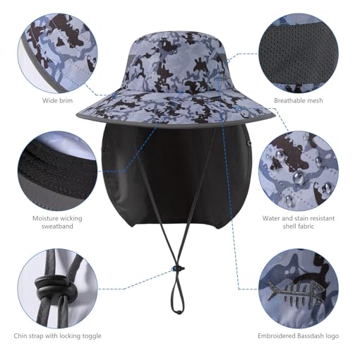 BASSDASH UPF 50+ Breathable Sun Hat with Removable Face Cover and Neck Flap Wide Brim Bucket Hat for Fishing Hiking Men Women - color: Storm Camo/Dark Grey