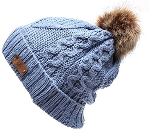 Women's Winter Fleece Lined Cable Knitted Pom Pom Beanie Hat - color: Denim