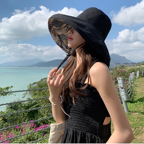 Women Wide Brim Sun Protection Hat Summer Fishing Hats - color: Black and Leaf Print