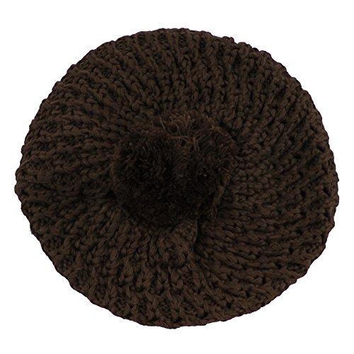 Morehats Thick Crochet Knit Pom Pom Beret Winter Ski Hat - color: Dark Chocolate