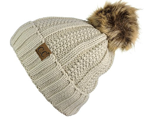 C.C Thick Cable Knit Faux Fuzzy Fur Pom Fleece Lined Skull Cap Cuff Beanie - color: Beige