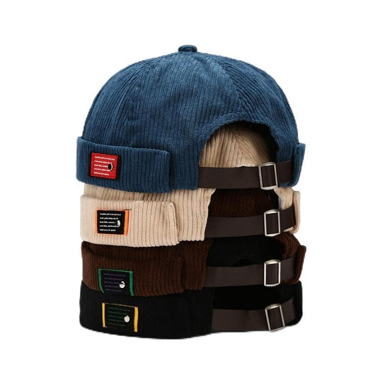 Mens Corduroy Docker Brimless Skullcap Rolled Cuff Beanie Hat - color: Beige