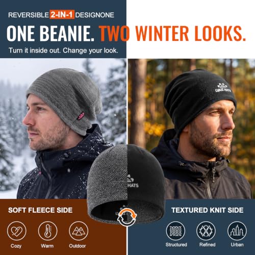 2 Pack Fleece Lined Beanie Hat Reversible Knit Skull Cap for Men Women - color: Blue+mix Black