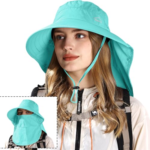 Rosoz Sun Hat for Men Women with Neck Flap& Removable Face Cover Wide Brim - color: 1pack-aqua